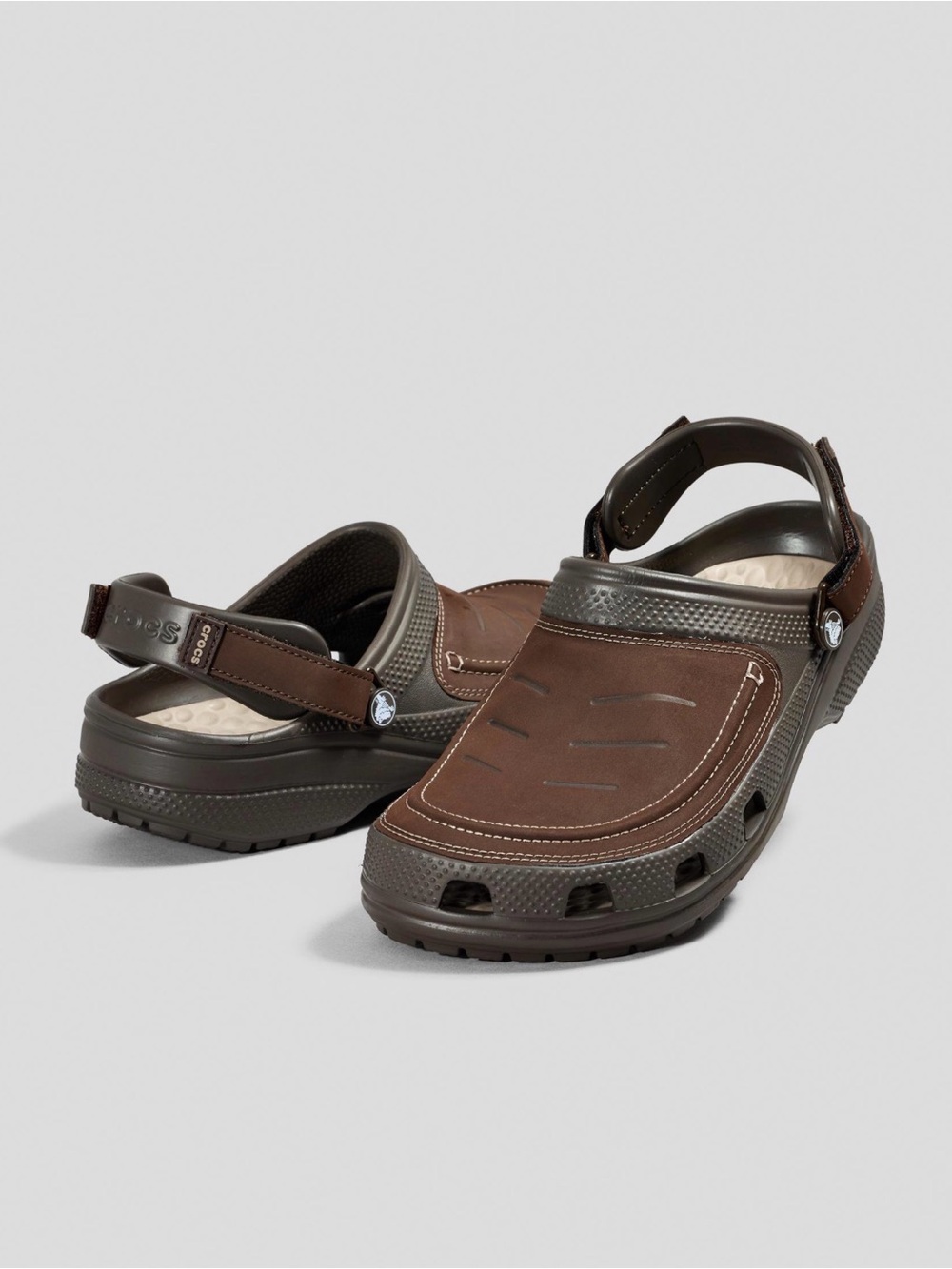 CROCS Men’s Brown and Dark Brown Leather-Style Clog Sandals
